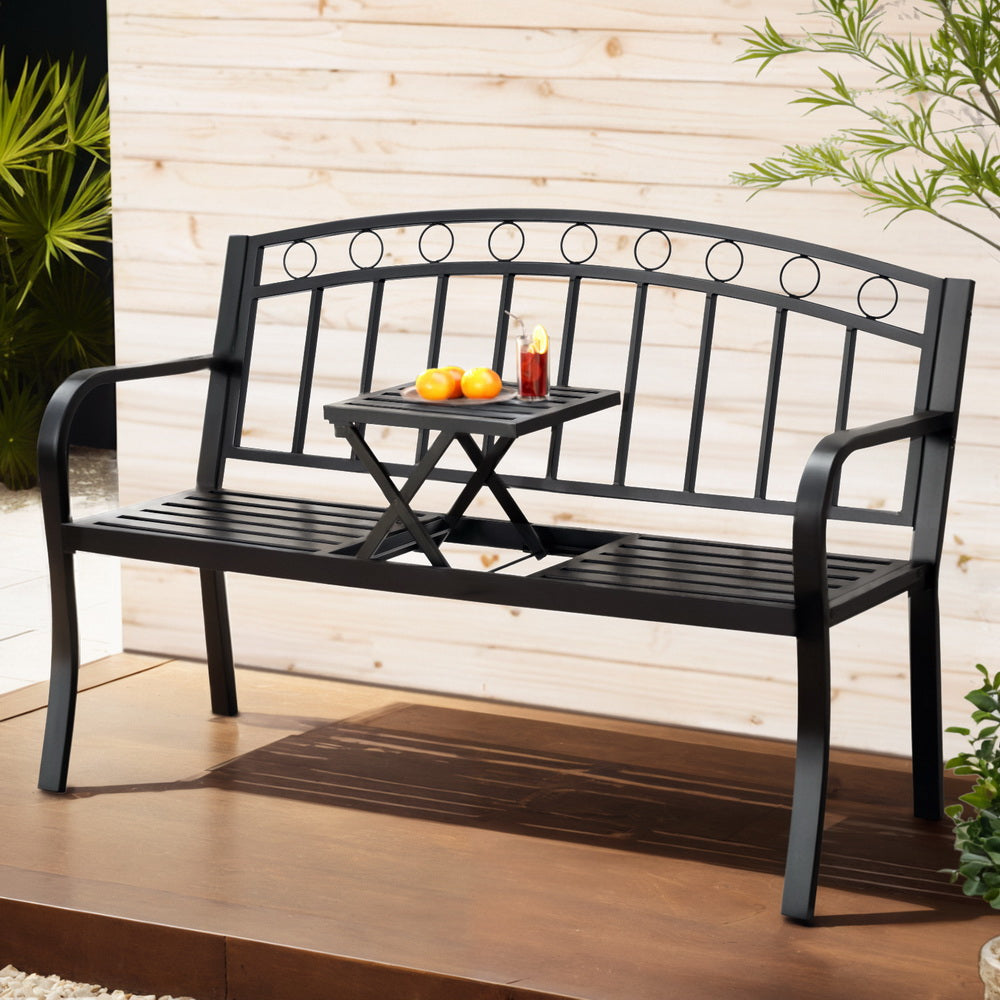 Gardeon Outdoor Garden Loveseat Bench – Black Steel Seat with Foldable Table