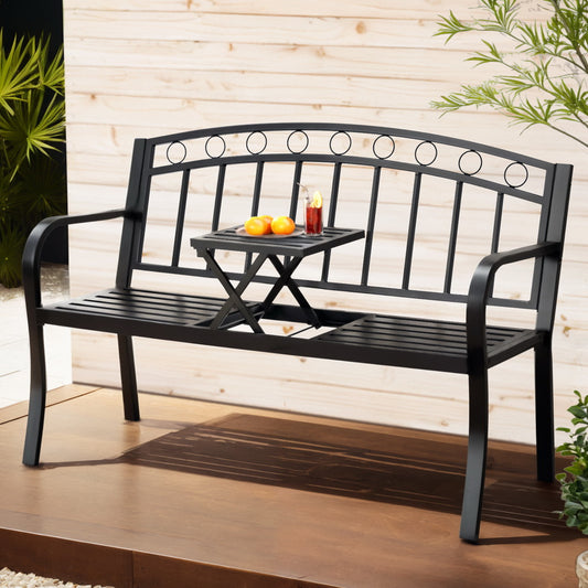Gardeon Outdoor Garden Loveseat Bench – Black Steel Seat with Foldable Table