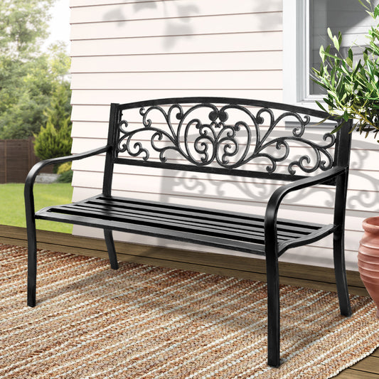 Gardeon 3-Seater Garden Bench – Black Steel Outdoor Park Seat for Patio & Lawn