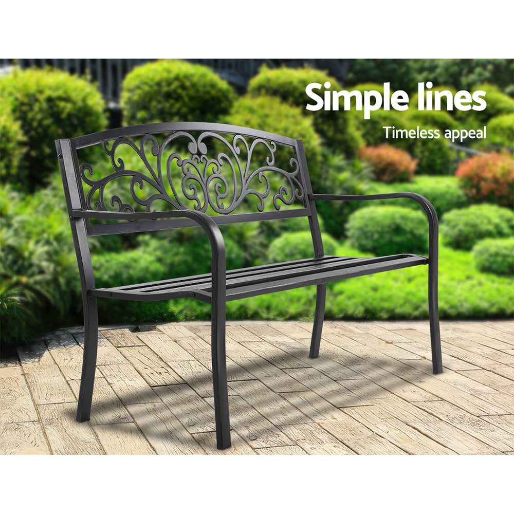 Gardeon 3-Seater Garden Bench – Black Steel Outdoor Park Seat for Patio & Lawn