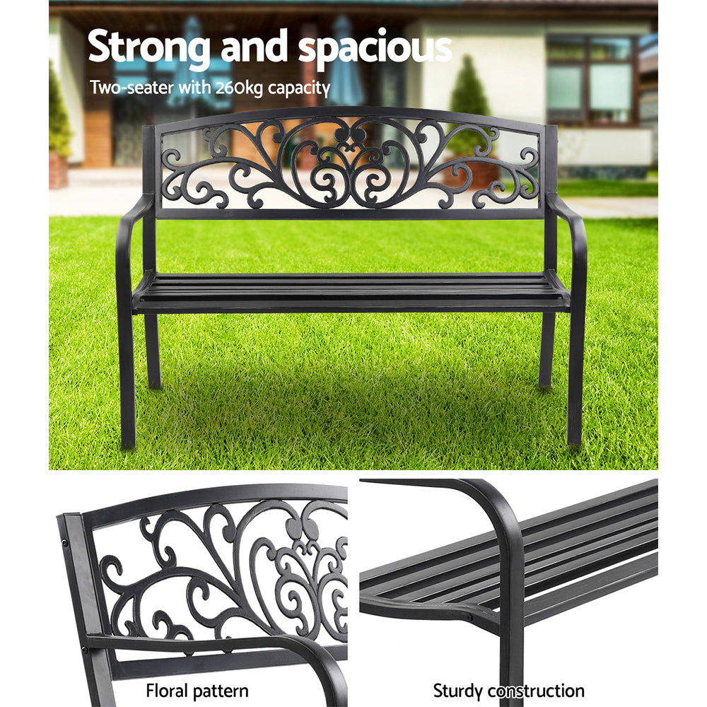 Gardeon 3-Seater Garden Bench – Black Steel Outdoor Park Seat for Patio & Lawn