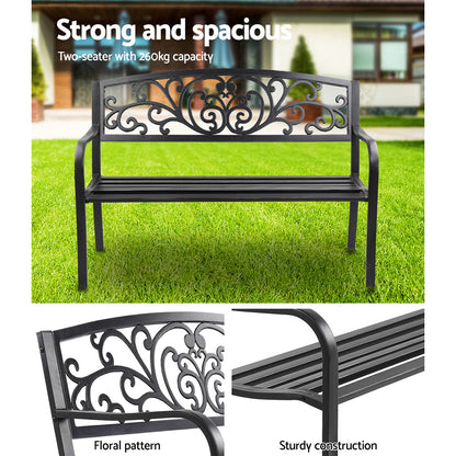 Gardeon 3-Seater Garden Bench – Black Steel Outdoor Park Seat for Patio & Lawn