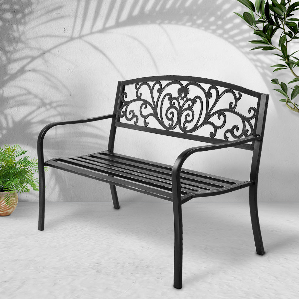 Gardeon 3-Seater Garden Bench – Black Steel Outdoor Park Seat for Patio & Lawn