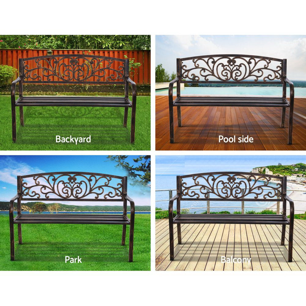 Gardeon 3-Seater Outdoor Garden Bench – Bronze Steel Park Seat for Patio or Yard