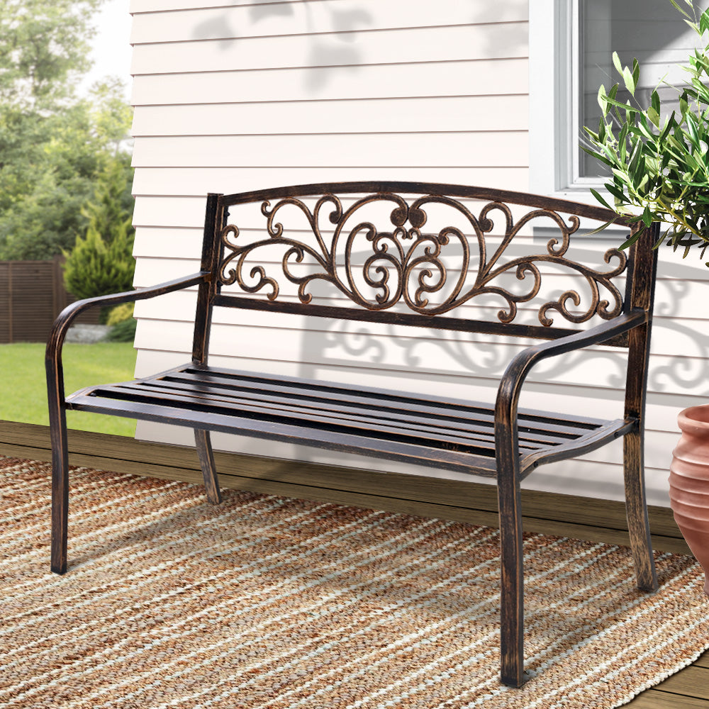 Gardeon 3-Seater Outdoor Garden Bench – Bronze Steel Park Seat for Patio or Yard