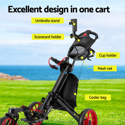 Everfit Foldable Golf Buggy Trolley – Swivel Wheel Cart with Umbrella & Bottle Holder