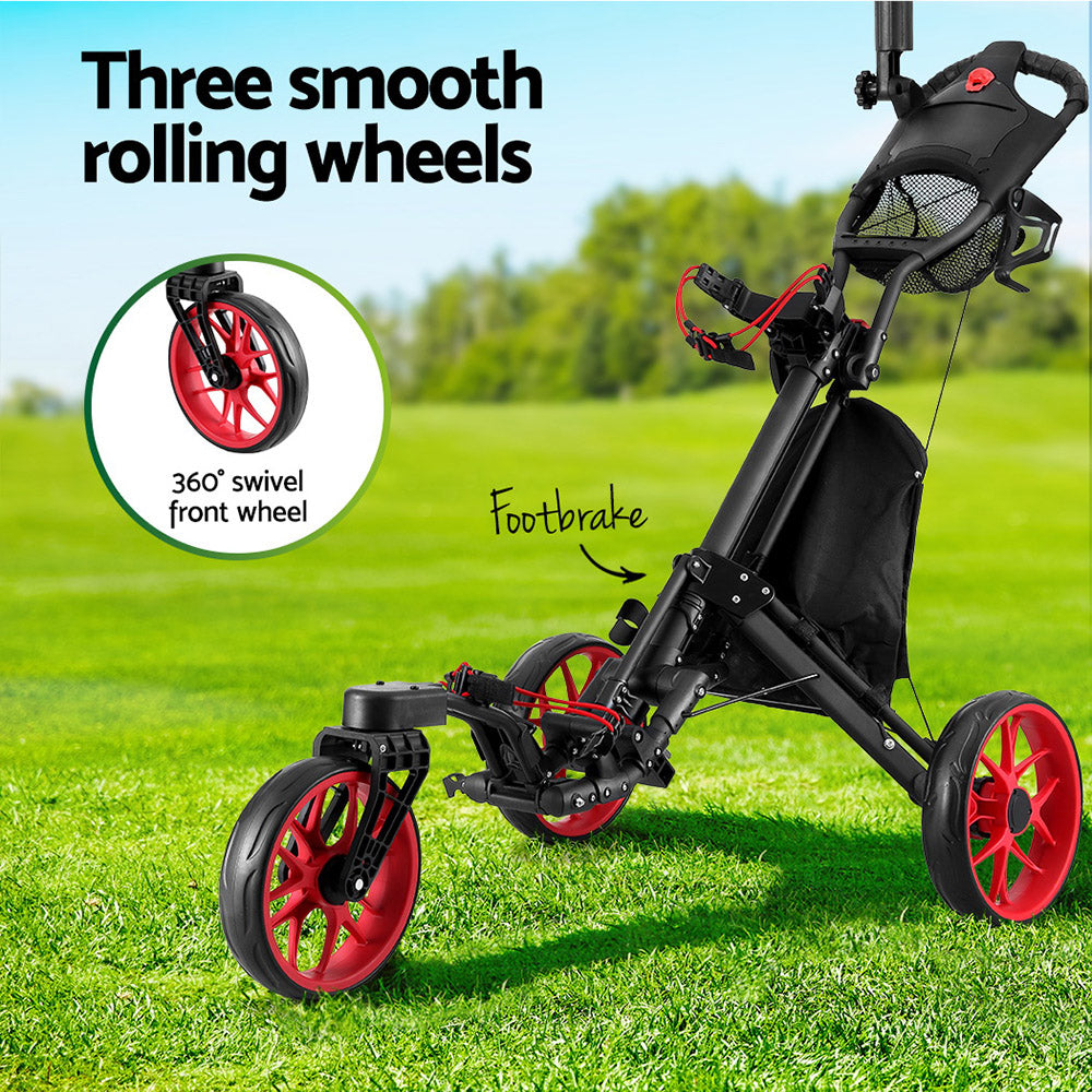 Everfit Foldable Golf Buggy Trolley – Swivel Wheel Cart with Umbrella & Bottle Holder