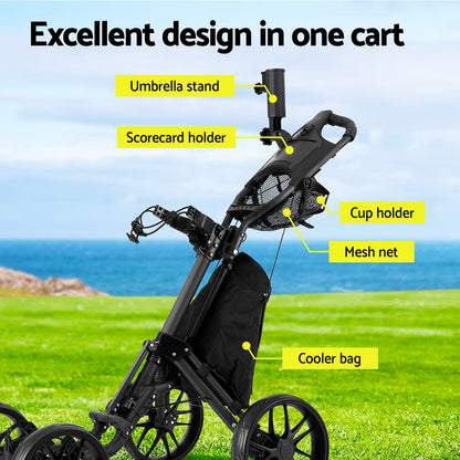 Everfit Foldable Golf Buggy – Lightweight Trolley Cart with Wheels, Umbrella & Bottle Holder
