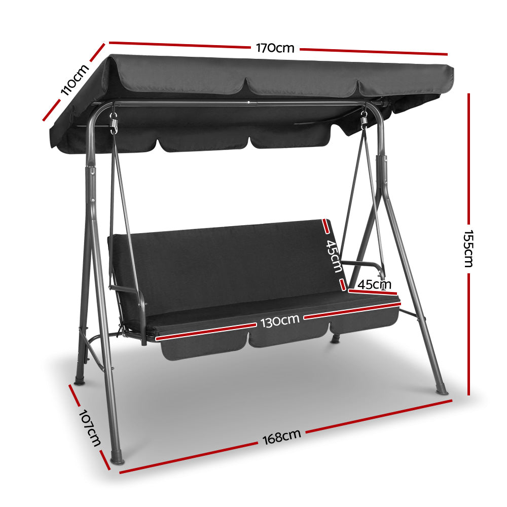Gardeon 3-Seater Outdoor Swing Chair – Black Garden Bench with Canopy
