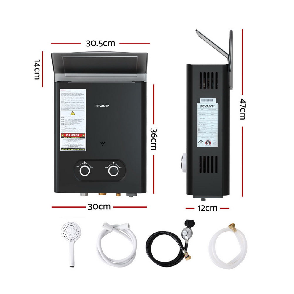 Devanti Portable LPG Gas Water Heater – Outdoor Hot Water System (Black)