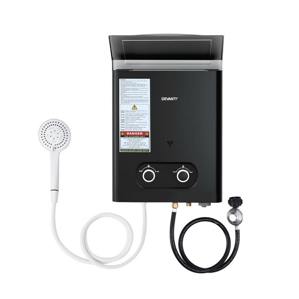 Devanti Portable LPG Gas Water Heater – Outdoor Hot Water System (Black)