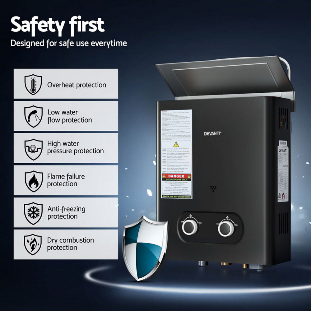 Devanti Portable LPG Gas Water Heater – Outdoor Hot Water System (Black)