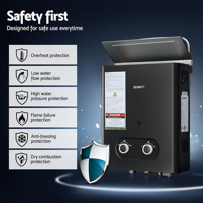Devanti Portable LPG Gas Water Heater – Outdoor Hot Water System (Black)