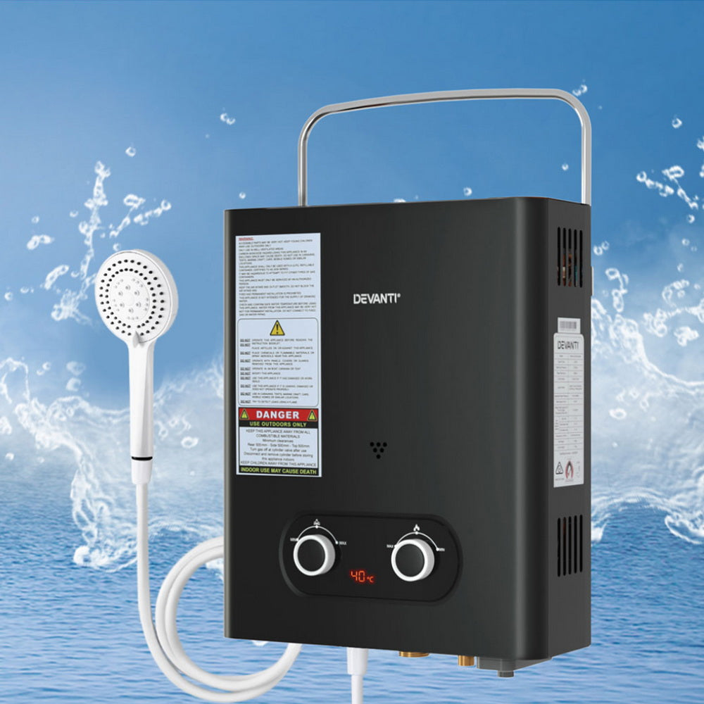 Devanti Portable LPG Gas Water Heater – Outdoor Hot Water System (Black)