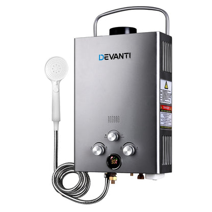 Devanti 8L/Min Portable Gas Water Heater – LPG Hot Water System for Camping & Outdoor (Grey)
