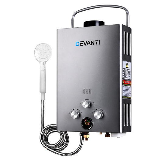 Devanti 8L/Min Portable Gas Water Heater – LPG Hot Water System for Camping & Outdoor (Grey)