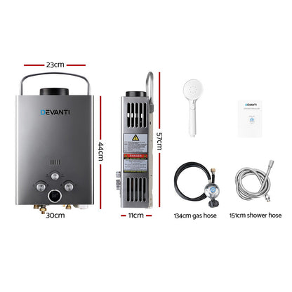 Devanti 8L/Min Portable Gas Water Heater – LPG Hot Water System for Camping & Outdoor (Grey)