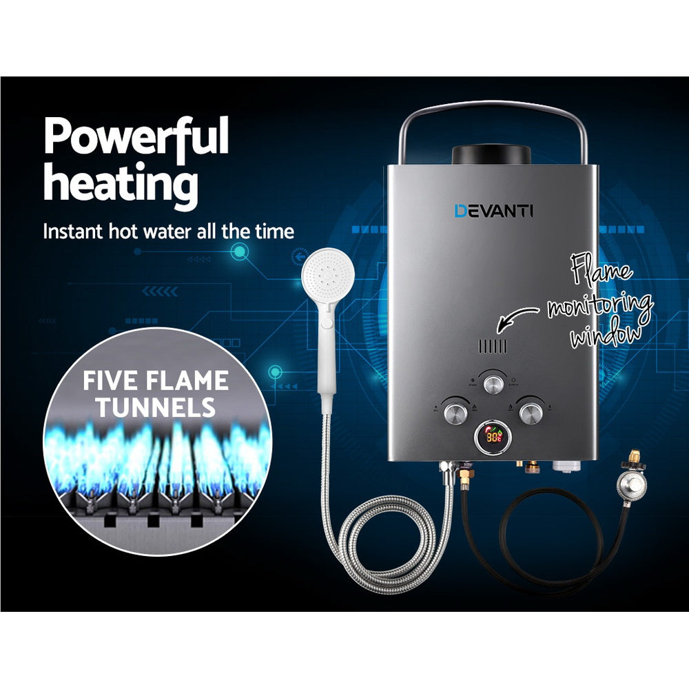 Devanti 8L/Min Portable Gas Water Heater – LPG Hot Water System for Camping & Outdoor (Grey)