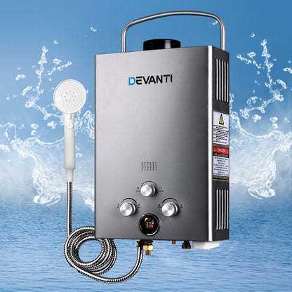 Devanti 8L/Min Portable Gas Water Heater – LPG Hot Water System for Camping & Outdoor (Grey)