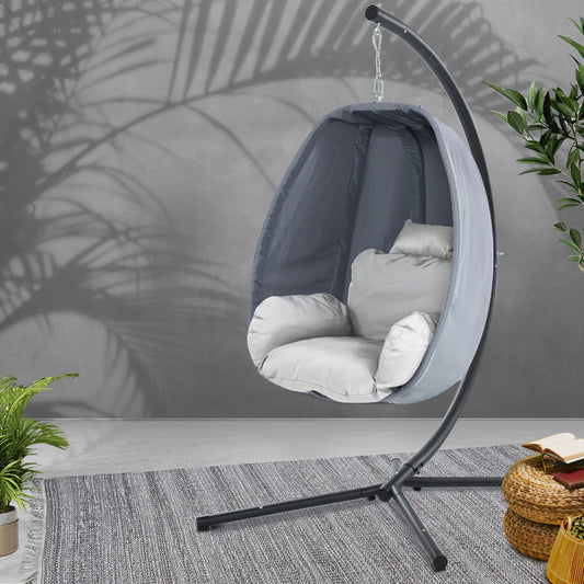 Gardeon Foldable Outdoor Egg Swing Chair – Grey Pod with Canopy & Stand
