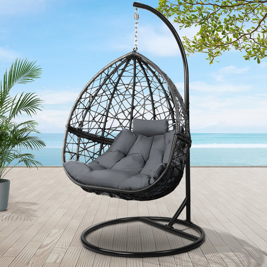 Gardeon Outdoor Egg Swing Chair – Grey Wicker Rattan Pod with Stand & Cushion