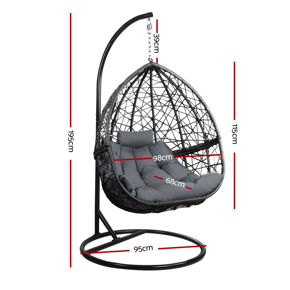 Gardeon Outdoor Egg Swing Chair – Grey Wicker Rattan Pod with Stand & Cushion