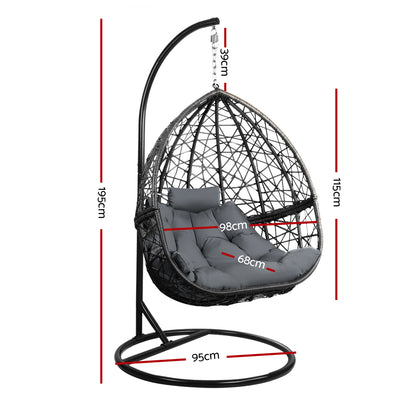 Gardeon Outdoor Egg Swing Chair – Grey Wicker Rattan Pod with Stand & Cushion