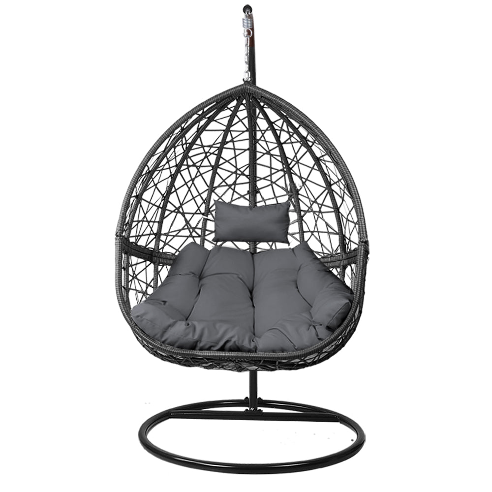 Gardeon Outdoor Egg Swing Chair – Grey Wicker Rattan Pod with Stand & Cushion