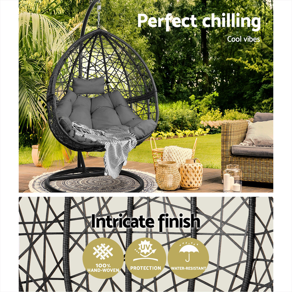 Gardeon Outdoor Egg Swing Chair – Grey Wicker Rattan Pod with Stand & Cushion