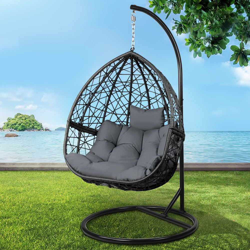 Gardeon Outdoor Egg Swing Chair – Grey Wicker Rattan Pod with Stand & Cushion