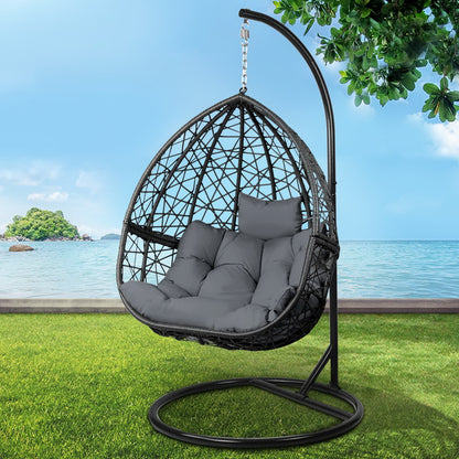 Gardeon Outdoor Egg Swing Chair – Grey Wicker Rattan Pod with Stand & Cushion