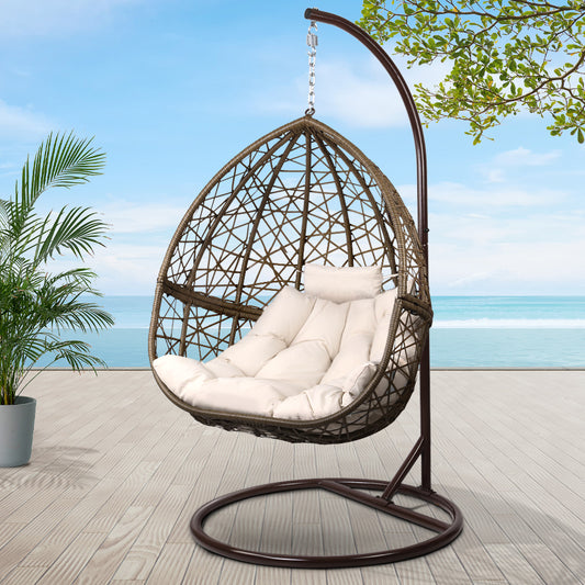 Gardeon Outdoor Egg Swing Chair – Latte Wicker Rattan Pod with Cushion & Stand