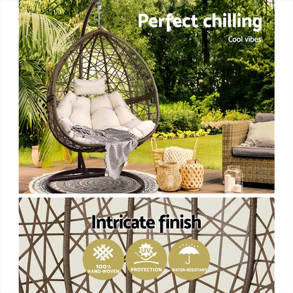 Gardeon Outdoor Egg Swing Chair – Latte Wicker Rattan Pod with Cushion & Stand