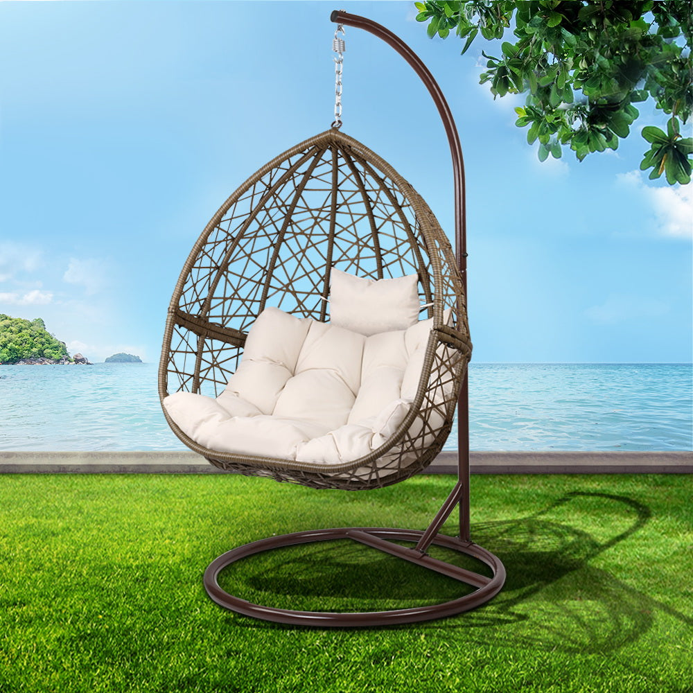 Gardeon Outdoor Egg Swing Chair – Latte Wicker Rattan Pod with Cushion & Stand