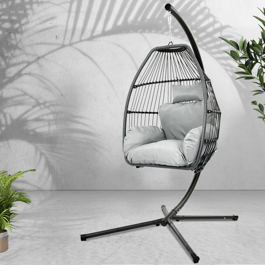 Gardeon Outdoor Egg Swing Chair – Grey Wicker Rope Pod with Stand & Cushion