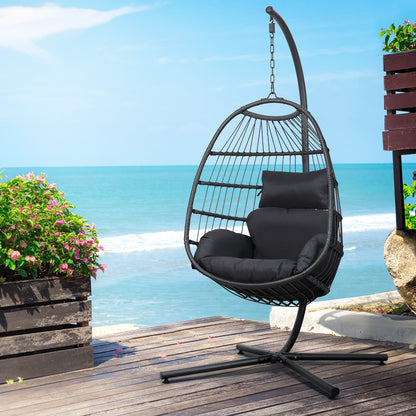 Gardeon Outdoor Egg Swing Chair – Foldable Grey Wicker Rope Pod with Stand