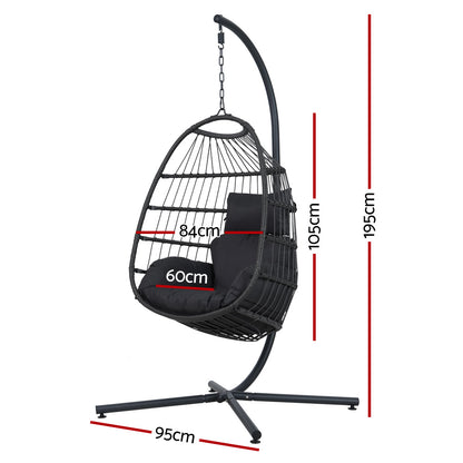 Gardeon Outdoor Egg Swing Chair – Foldable Grey Wicker Rope Pod with Stand