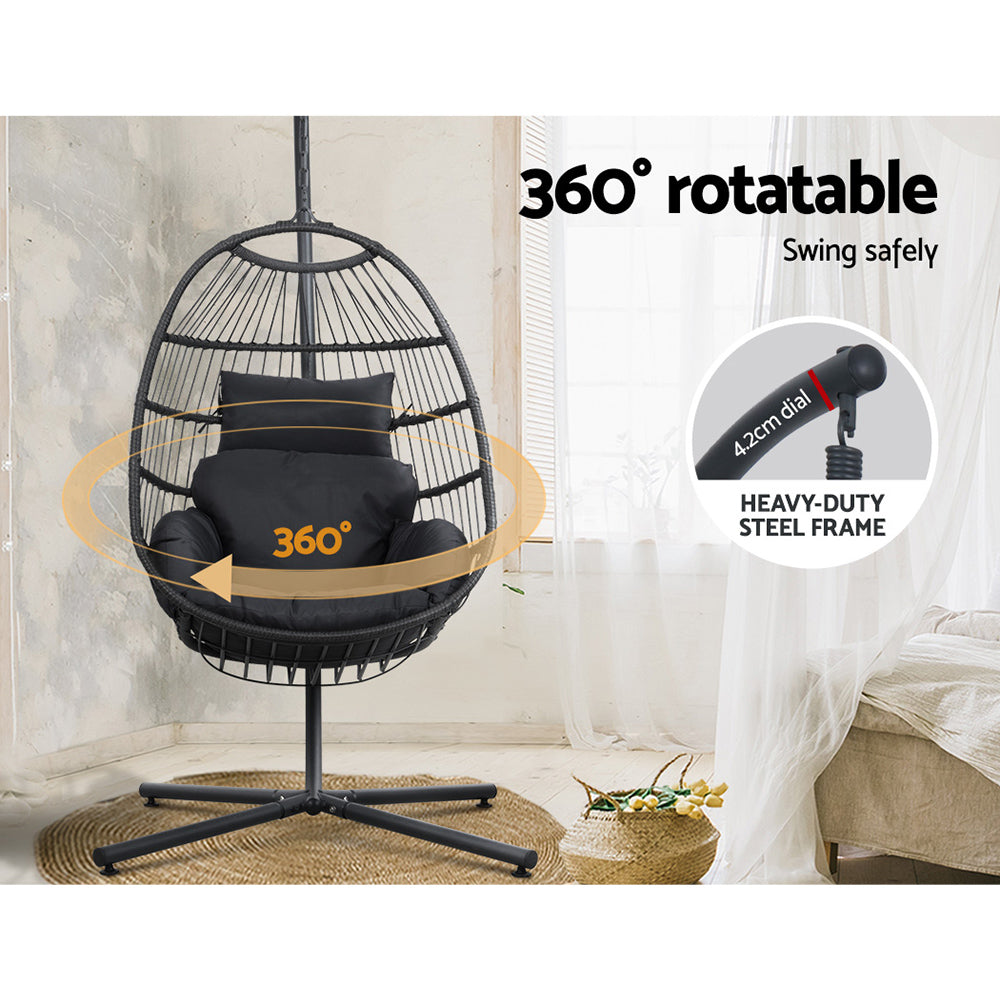 Gardeon Outdoor Egg Swing Chair – Foldable Grey Wicker Rope Pod with Stand