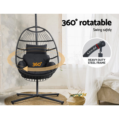 Gardeon Outdoor Egg Swing Chair – Foldable Grey Wicker Rope Pod with Stand
