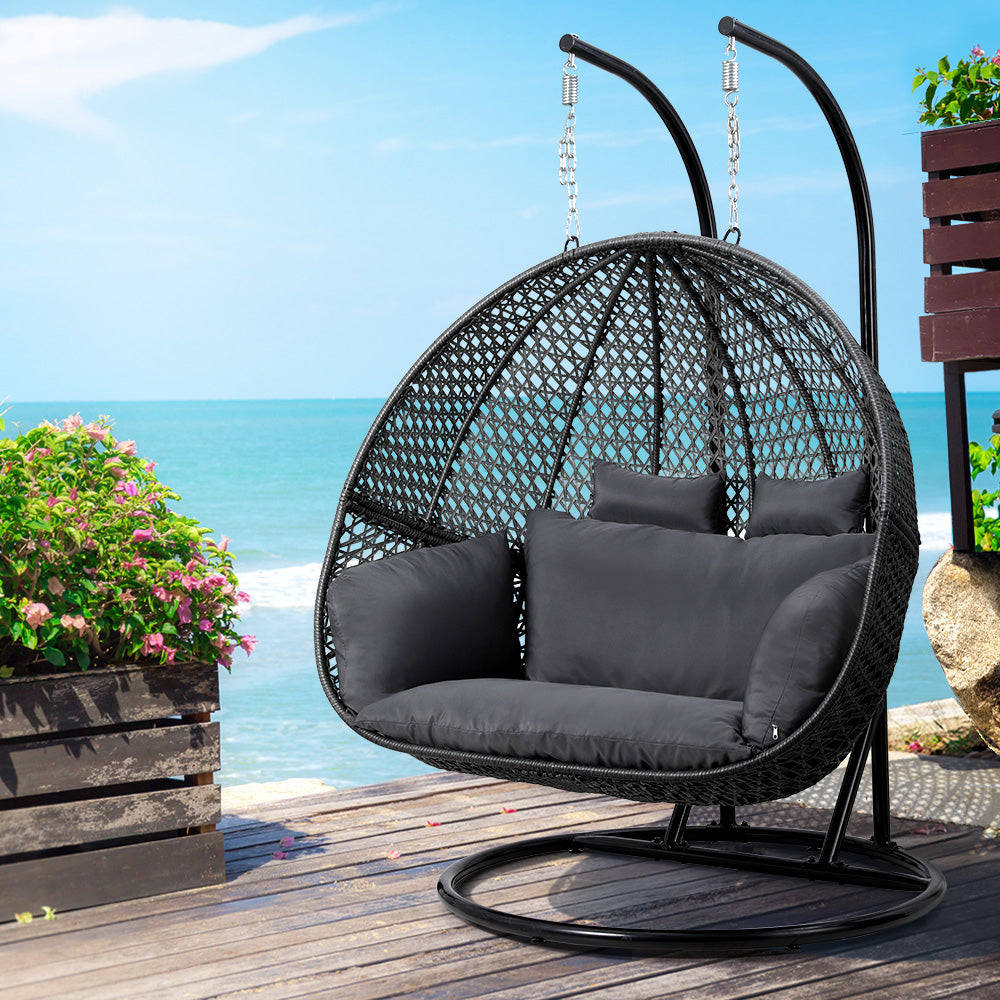 Gardeon 2-Person Hanging Egg Swing Chair – Grey Wicker Pod with Cushion for Outdoor Use