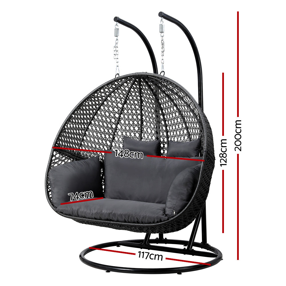 Gardeon 2-Person Hanging Egg Swing Chair – Grey Wicker Pod with Cushion for Outdoor Use