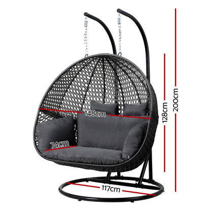 Gardeon 2-Person Hanging Egg Swing Chair – Grey Wicker Pod with Cushion for Outdoor Use
