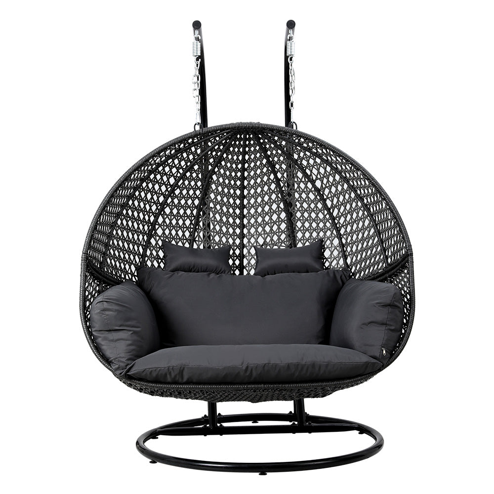 Gardeon 2-Person Hanging Egg Swing Chair – Grey Wicker Pod with Cushion for Outdoor Use