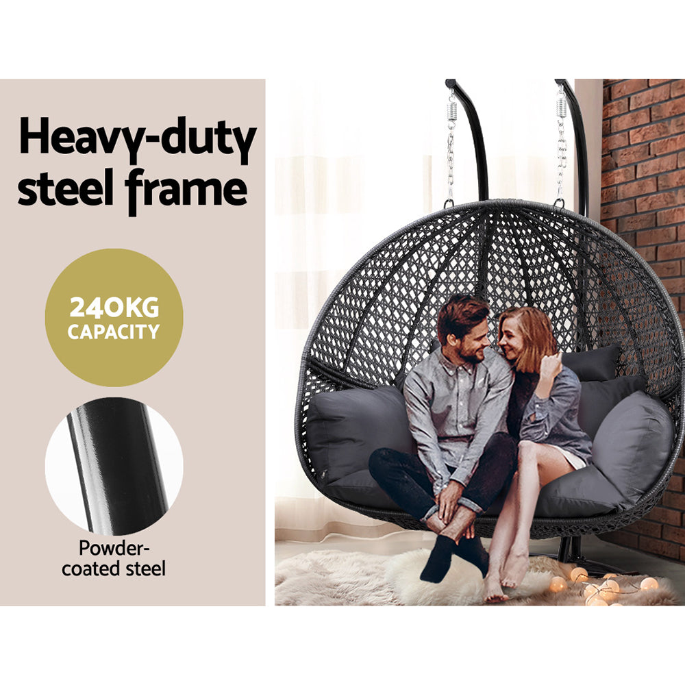 Gardeon 2-Person Hanging Egg Swing Chair – Grey Wicker Pod with Cushion for Outdoor Use