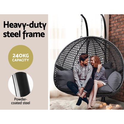 Gardeon 2-Person Hanging Egg Swing Chair – Grey Wicker Pod with Cushion for Outdoor Use