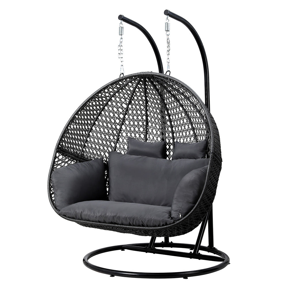 Gardeon 2-Person Hanging Egg Swing Chair – Grey Wicker Pod with Cushion for Outdoor Use