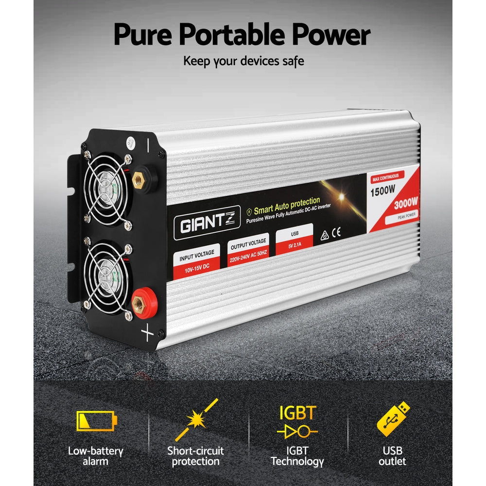 Giantz 1500W Pure Sine Wave Inverter – DC to AC Power Converter for Off-Grid Use