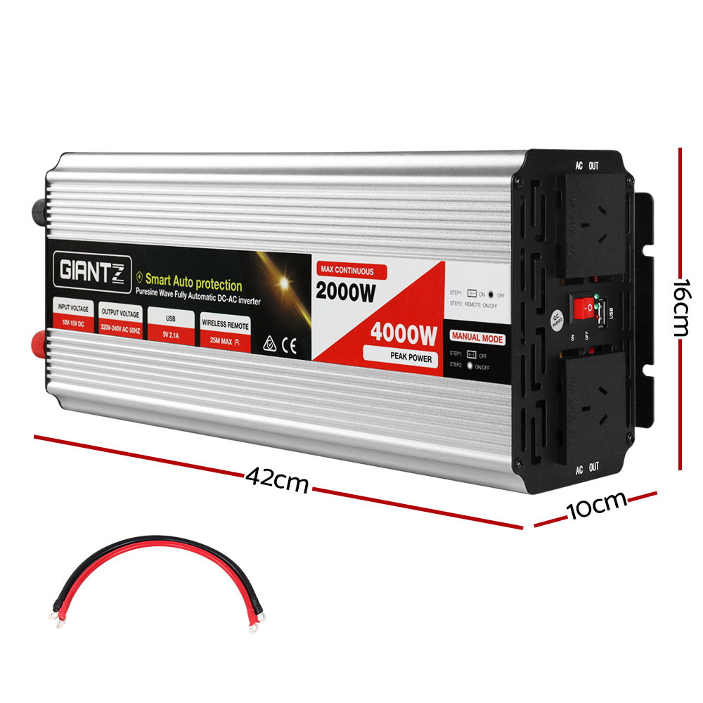 Giantz 2000W/4000W Pure Sine Wave Power Inverter – 12V to 240V for Camping, Boat, Caravan