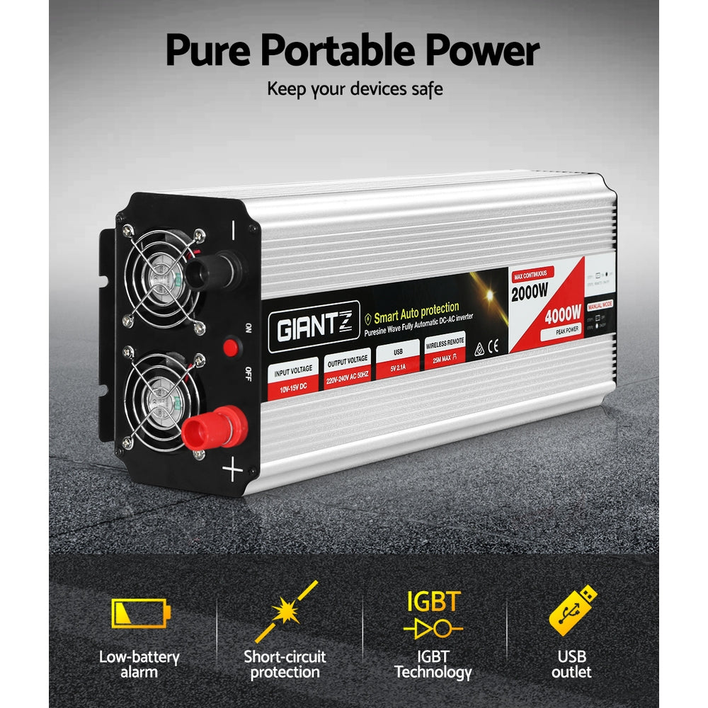 Giantz 2000W/4000W Pure Sine Wave Power Inverter – 12V to 240V for Camping, Boat, Caravan
