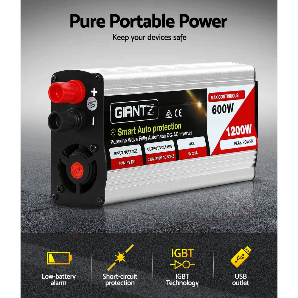 Giantz 600W/1200W Pure Sine Wave Inverter – 12V to 240V Power Converter for Car, Boat & Camping